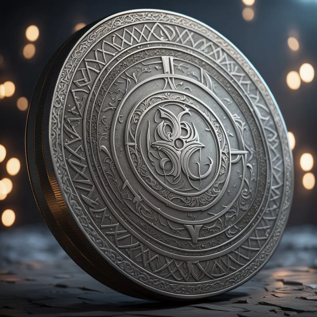 a silver coin called a Silver Moon standing on edge. ancient runes. flat coin. show one whole coin front on at a distance. fantasy concept art, exquisite realism, a masterpiece, dynamic lighting, hyper detailed, intricately detailed, deep color, Unreal Engine, volumetric lighting , Epic cinematic brilliant stunning intricate meticulously detailed dramatic atmospheric maximal,