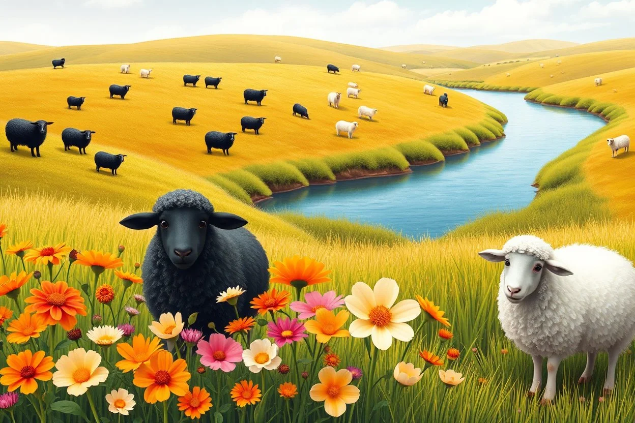 Create a vibrant pastoral scene featuring a colorful landscape. In the foreground, two sheep stand among flowers: one is black with a smooth texture, and the other is white and fluffy. Surrounding them are various stylized flowers in hues of orange, pink, and cream. The midground features a gentle rolling terrain with black sheep and white sheep grazing peacefully, some scattered throughout the grassy field. Towards the background, a serene river winds through the landscape, reflecting the soft