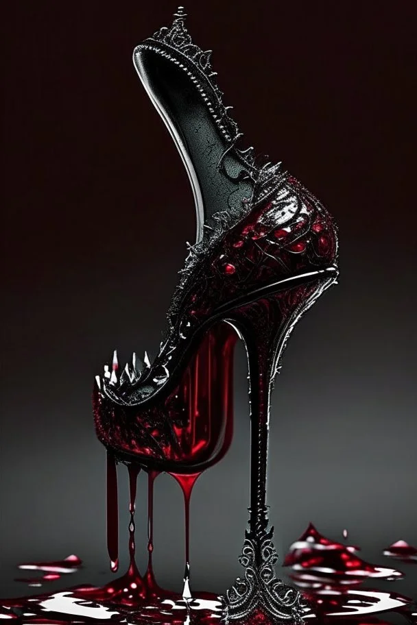 dark fantasy, intricate cover, a whimsical fairytale, high-heeled shoe made of glass with a single drop of blood at its heel