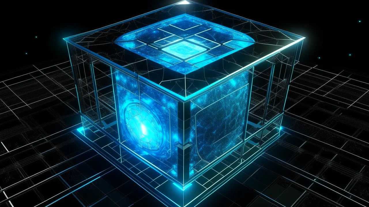 Cube tesseract from movie Loki, located strictly in the middle of picture with space around it and with glow in tesseract, but without glow below it, without background or table.