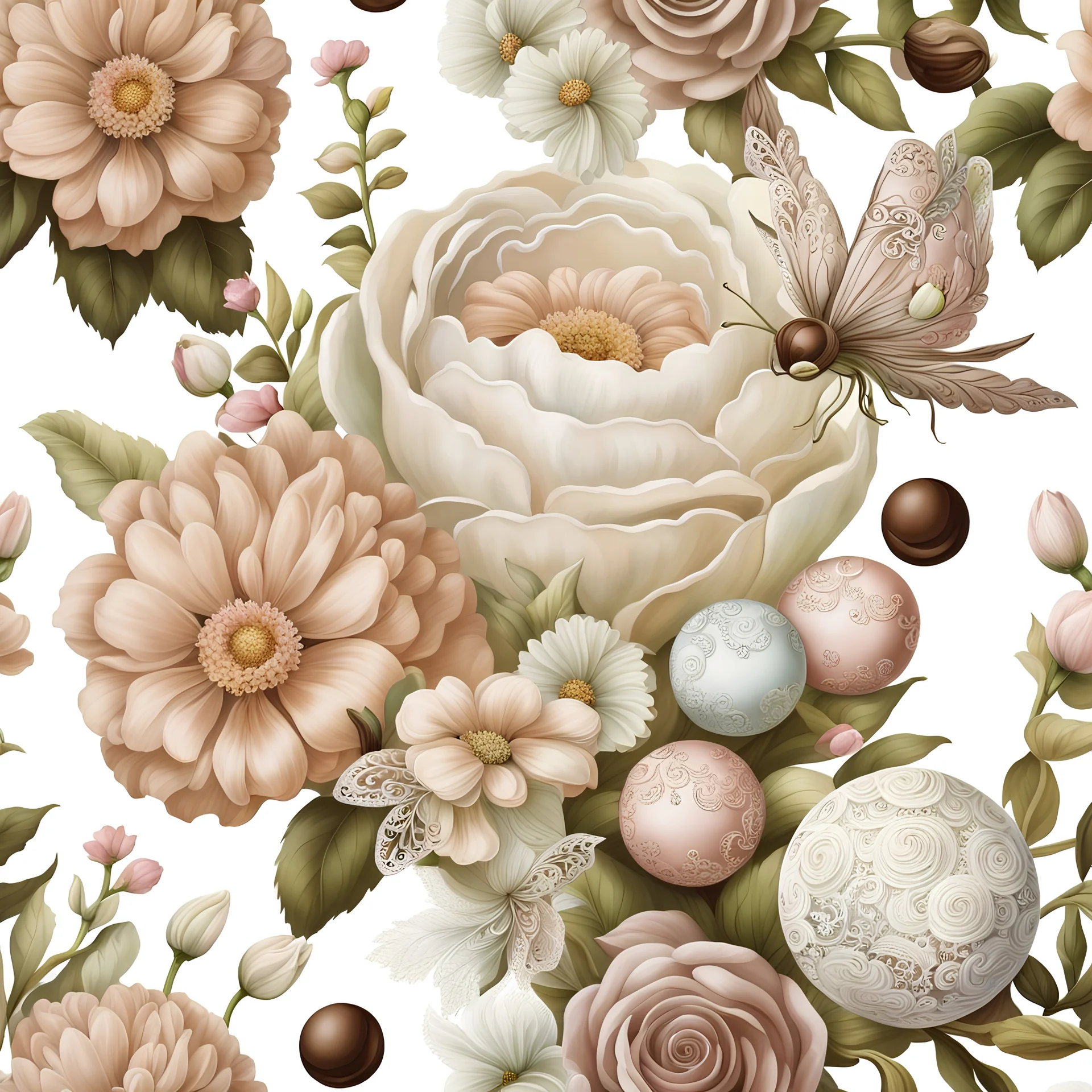 a stunning pale colors flower bouquet with lace chocolate balls and very cute little floating, clinging fantasy creatures between the flowers, high cualtiy, detailed, sharp focus, fantasy, nice flowers, photorealistic, masterpiece