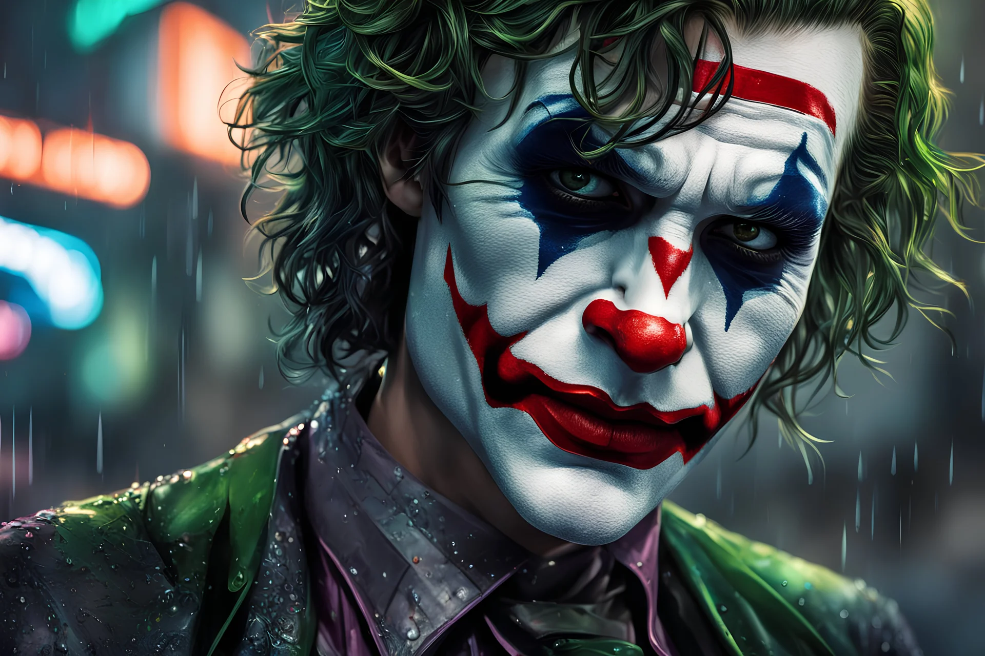 Joker in 8k realistic anime artstyle, Roger that Palestine them, neon effect, close picture, rain, fantasy world, intricate details, highly detailed, high details, detailed portrait, masterpiece,ultra detailed, ultra quality