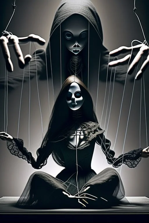 A dramatic digital mage of a woman seated on a table,facing to the front ,she is connected to string like a puppet, arms in air, moved by the strings, puppet like features in the face, beautiful face, behind her also facing the front is the puppet master,is a huge image of a man holding the strings, creepy gothic character,.zoomed in, dark and shadowy background with selective lighting on the woman, gothic and chaotic