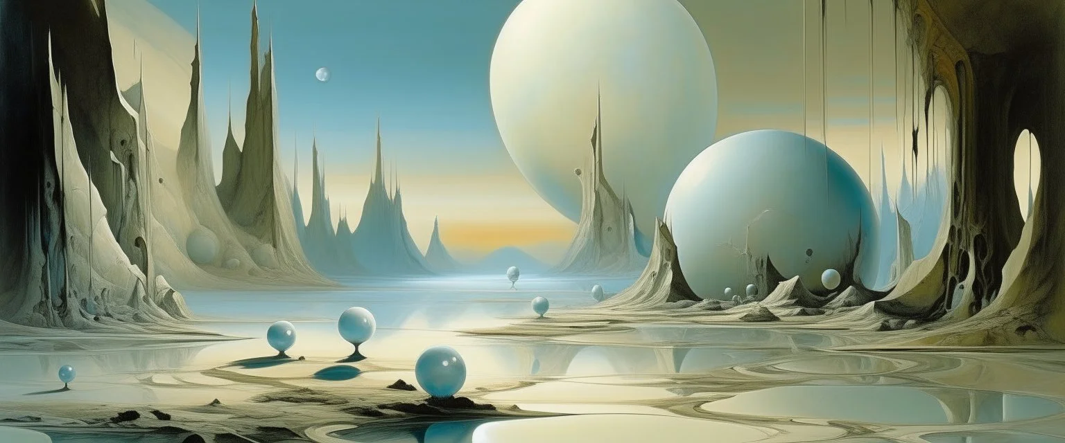 A pale bluish white realm with glowing light balls painted by Salvador Dali
