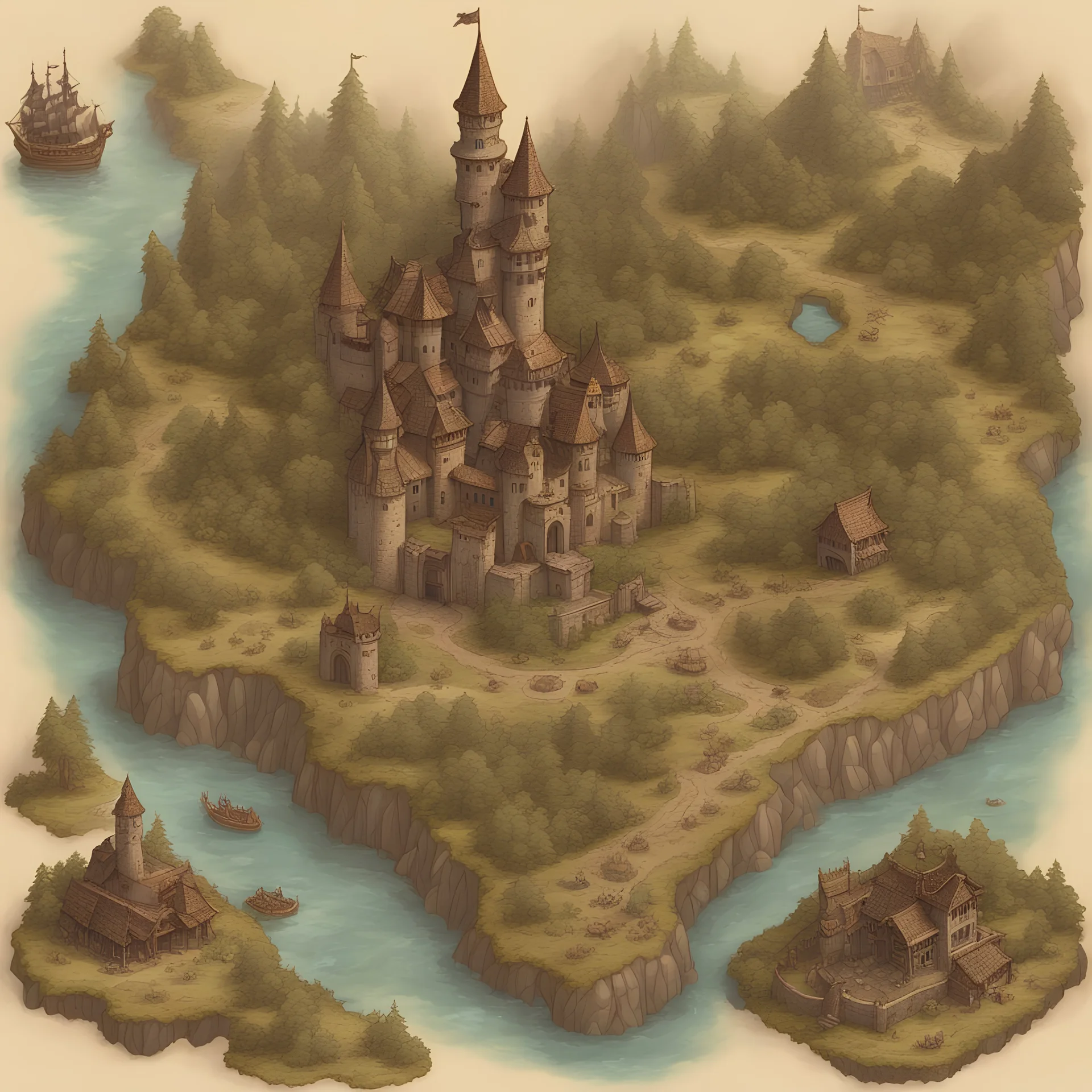 high quality very detailed fantasy map with wizard tower, pirate ship, castle and corrupted forest