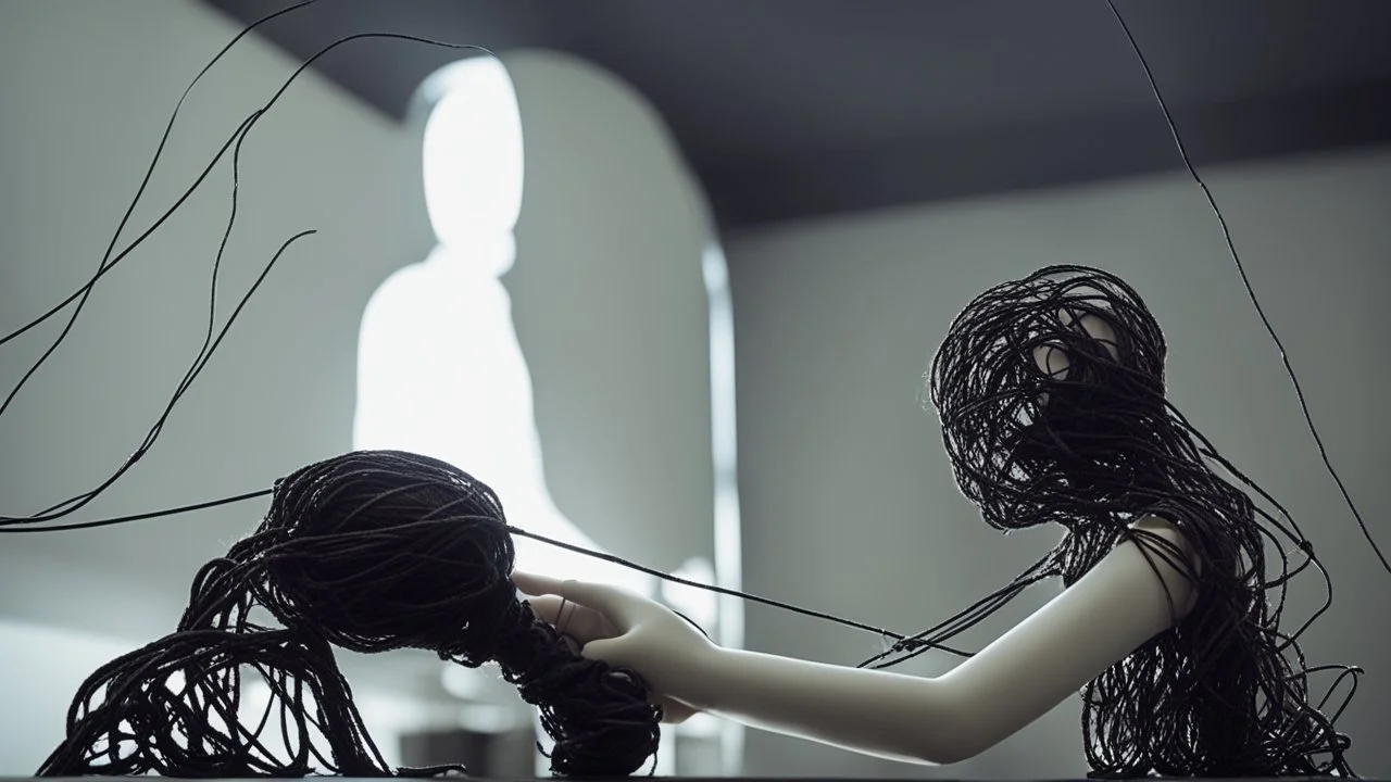 في الصورة، تظهر يد بشرية تمسك بخيوط دمية. اليد بيضاء ناصعة، بينما الخيوط سوداء داكنة. تمسك اليد الخيوط بإحكام، مما يوحي بسيطرة اليد على الدمية. تقف الدمية في الخلفية، وهي غير مرئية تمامًا. لا يمكن رؤية سوى الخيوط السوداء التي تمتد من اليد إلى الدمية. هذا يخلق إحساسًا بالغموض والتشويق. الصورة مأخوذة من زاوية عالية، مما يخلق تأثيرًا مهيمنًا لليد. هذا يوحي بأن اليد قوية وفعالة. الصورة ذات خلفية مظلمة، مما يخلق جوًا غامضًا ومثيرًا للاهتمام. هذا يعزز الموضوع العام للتلاعب، والذي غالبًا ما يرتبط با