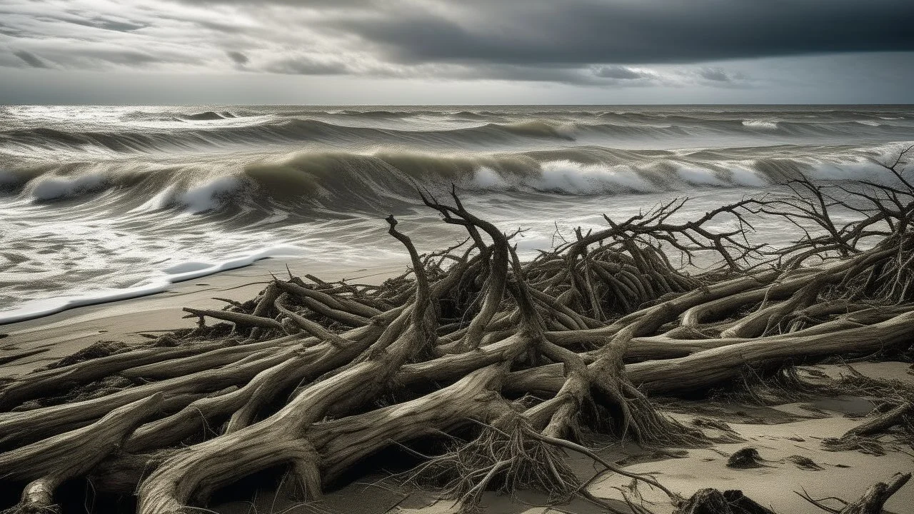 Peaceful seascape interrupted by a storm of clocks and dry roots.