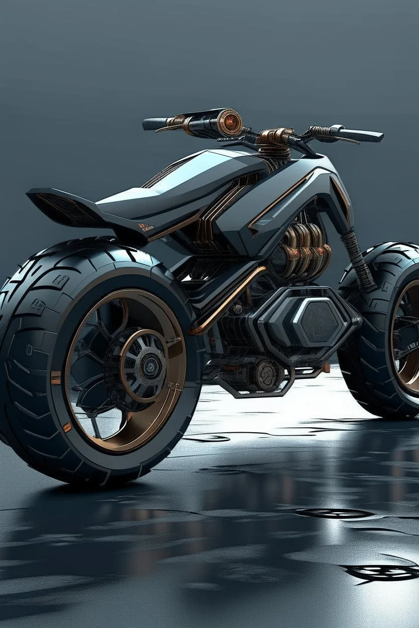 An advanced motorcycle with four wheels and a turbo jet on the back