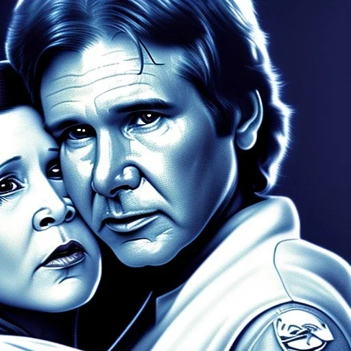 old carrie fisher embracing harrison ford, waist up portrait, photorealistic faces, intricate, oil on canvas, masterpiece, expert, insanely detailed, 4k resolution, cinematic smooth, intricate detail , soft smooth lighting, soft pastel colors,