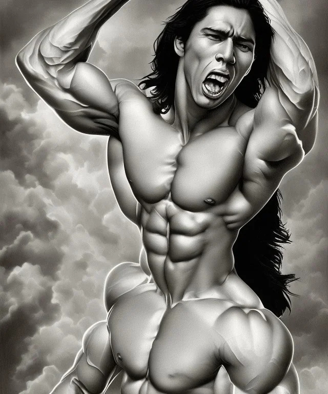 native american warrior, long black hair, big muscles, looking up, mouth wide open, scream face, shirtless