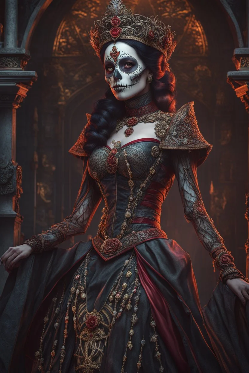 a beautiful skeleton woman dressed in a queens attire, queen of the underworld, colored eye area, hollow eyes, blood, veins, intricate, detailed, . sideway pose, living dead, morbid, unholy, a living dead, fantasy, extremely intricate, cinematic, hyper realistic, hyper detailed, cinematic, absurdres, 4k, 8k, UHD, HDR, octane render, unreal engine