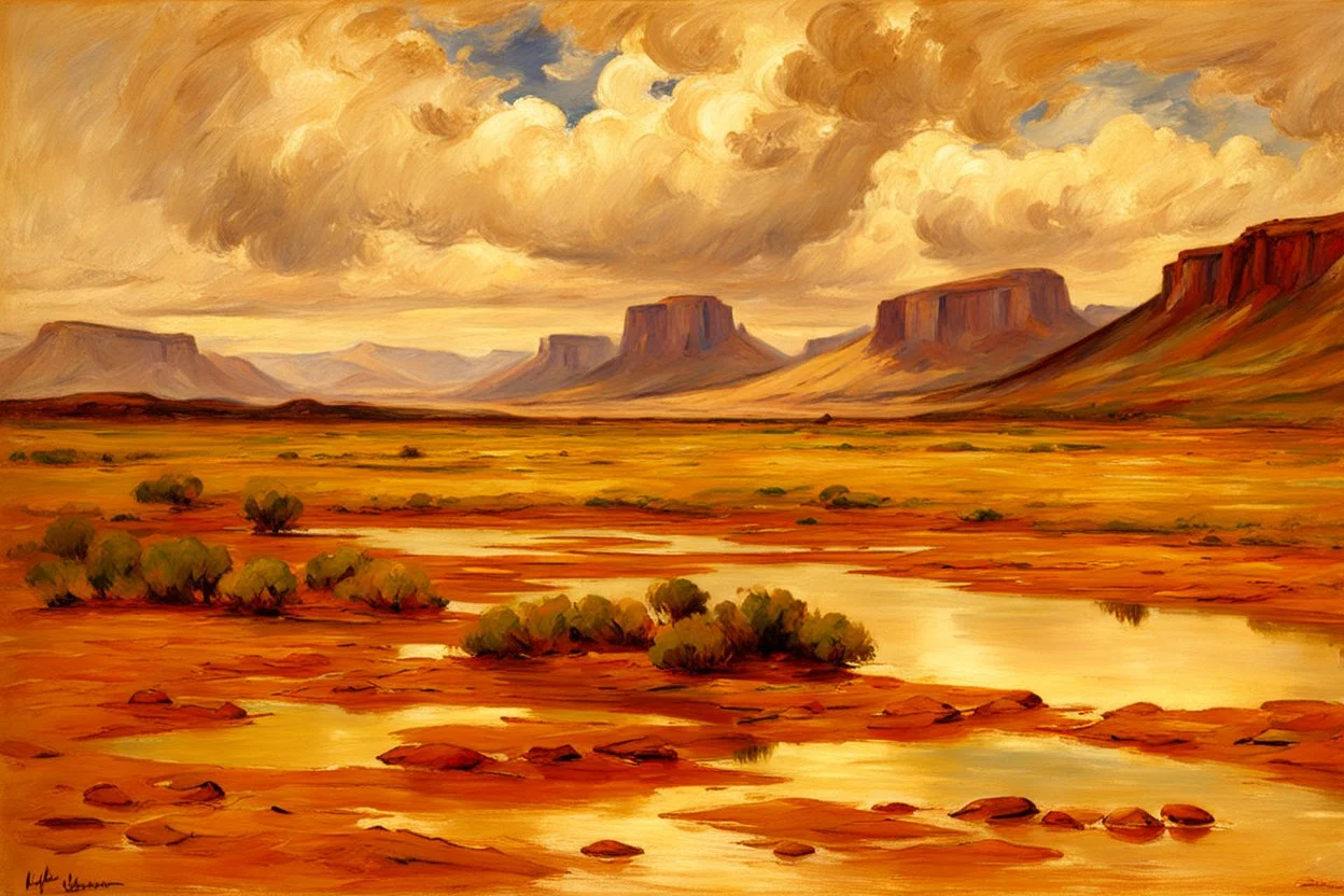 Arid land, clouds, mountains, rocks, puddle, vegetation, max liebermann impressionism painting