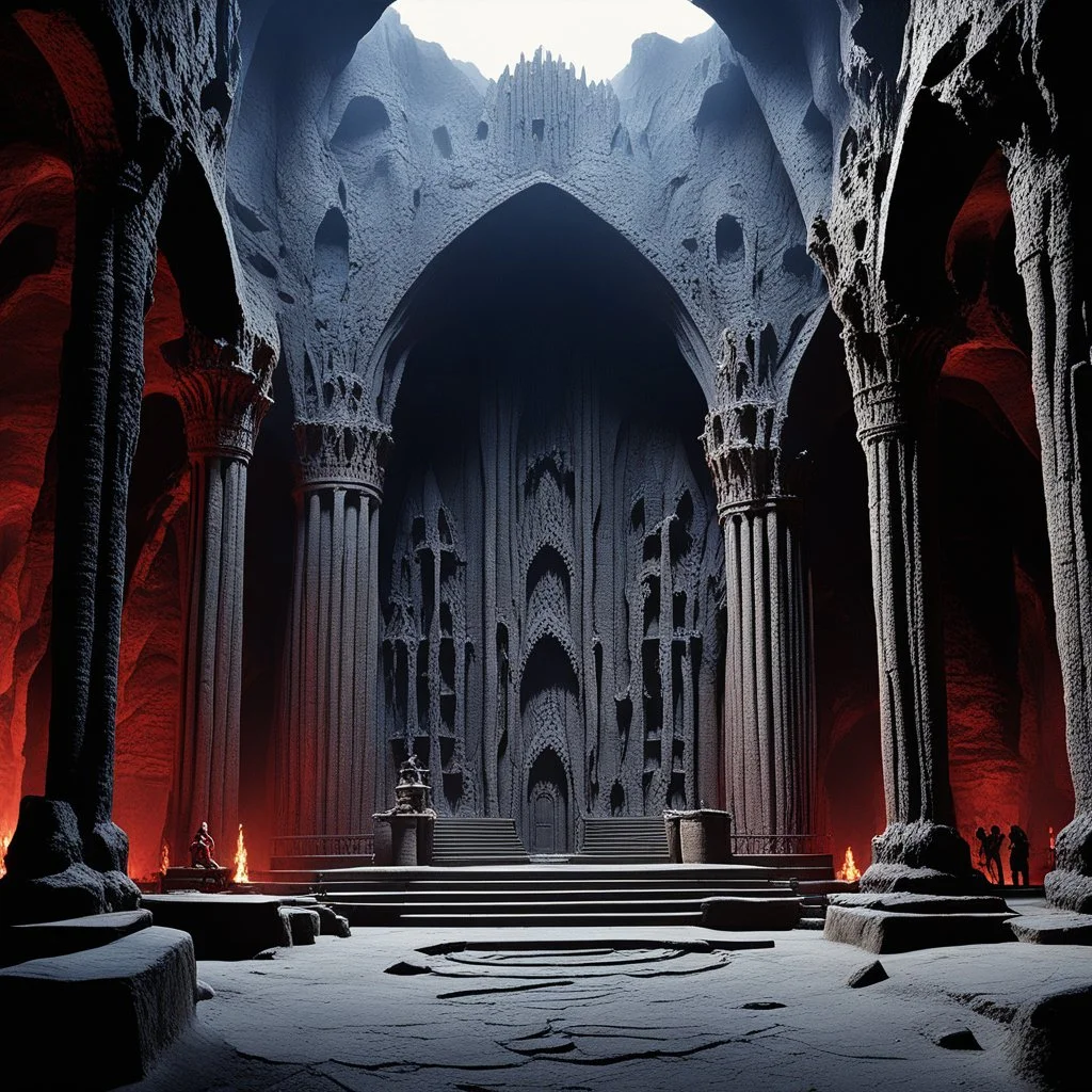 [high res photo by Ray Harryhausen] The lair and throne room of the red demon, Darkness, from Legend. A vast, cavernous underground palace of gothic grandeur and primordial decay. The architecture is a fusion of jagged, natural rock formations and profane, melted black stone, forming arches, pillars, and a massive, organic throne. The space is littered with piles of gold, jewels, and shattered relics that glimmer faintly. The only illumination comes from a few sickly, phosphorescent fungi and th