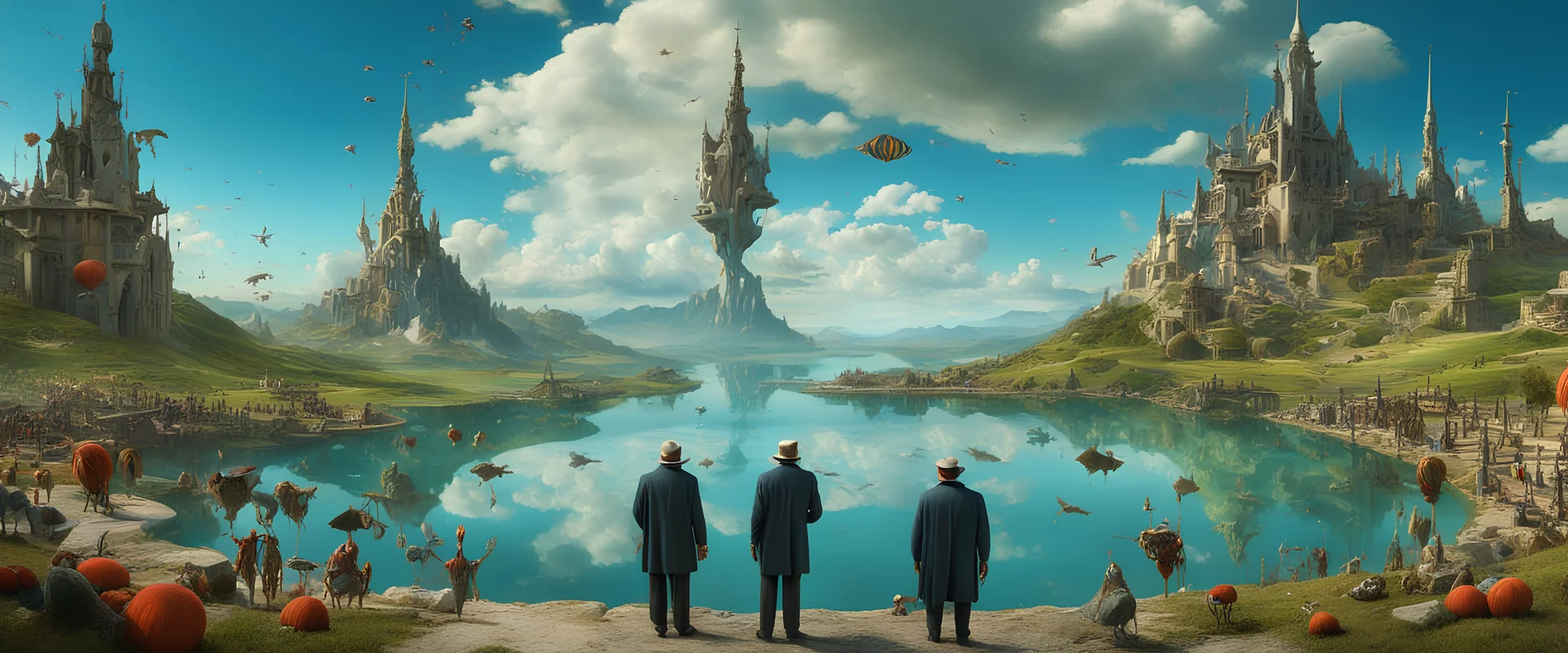 Mr Salvador Dali and Mr Hieronymus Bosch talking to each other at an outdoor surrealist market. A herd of dream-like sky-fish swim high in the far distance, with a beautiful surreal outdoor countryside summer scene with hills, waterfalls, and an intricate fractal sky, very high detail, photorealistic, epic cinematic, 8K, Large depth of field