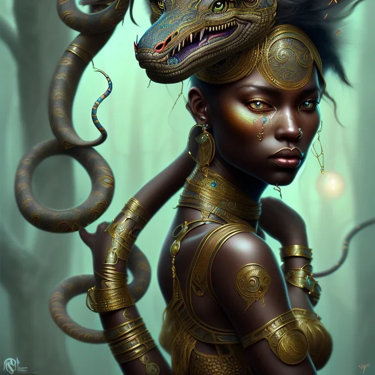 sango fantasy, fantasy magic, intricate, sharp focus, illustration, highly detailed, digital painting, concept art, matte, masterpiece snake head sexy lady body black African beauty tiger wearing African hair total head showing