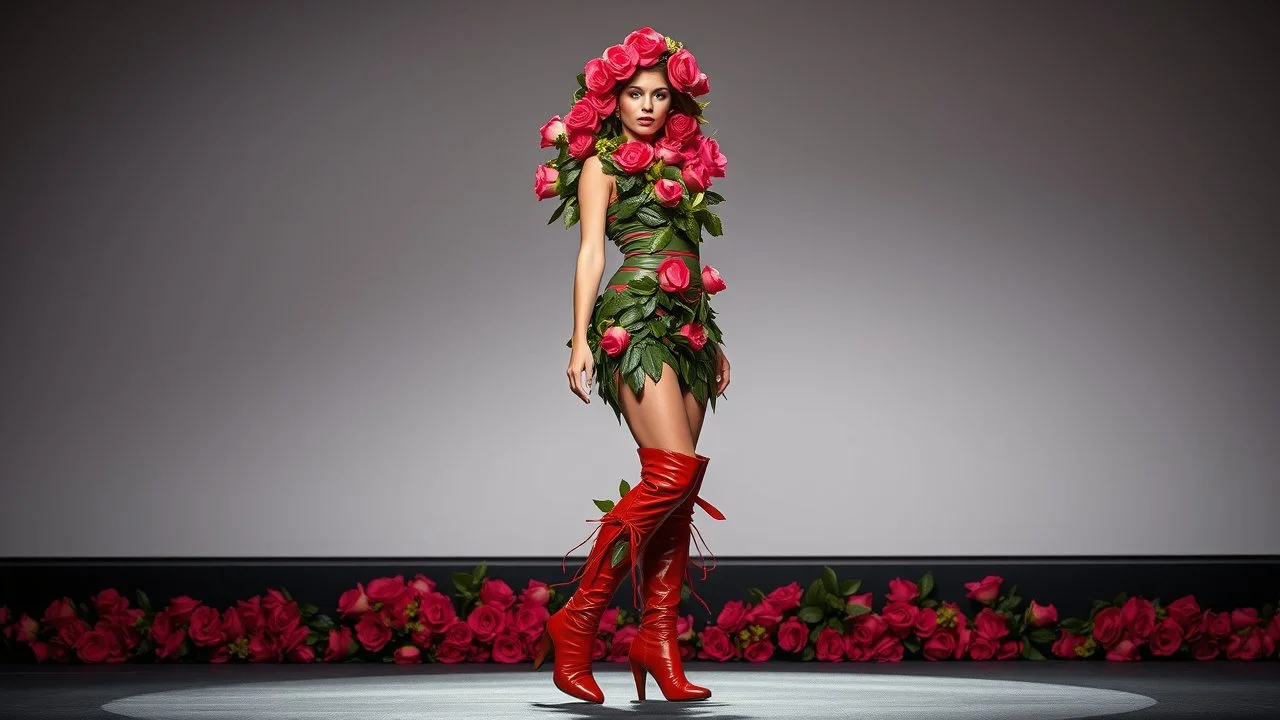 beautiful full body with long boots lady with lot of rose flowers as her hair and clothing all made of leaves in fashion show stage posing to camera