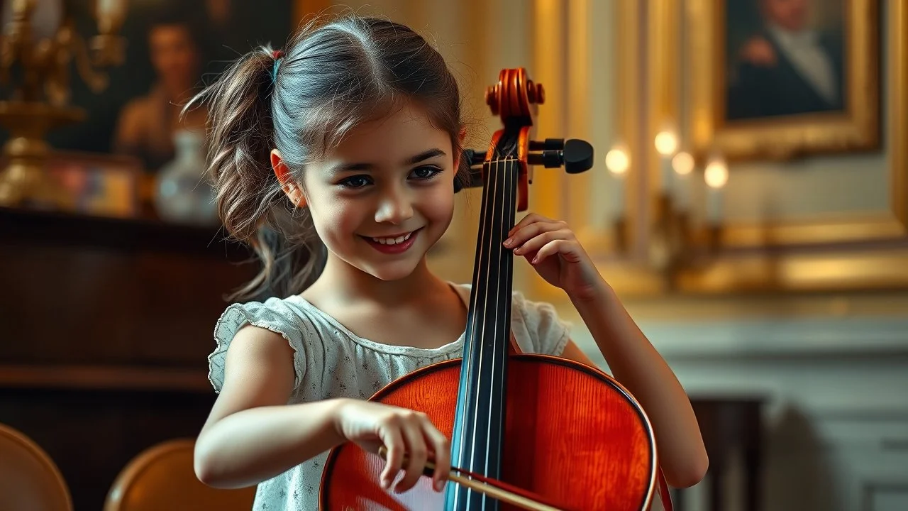 Young girl playing a cello, happy, inspired, virtuoso, award-winning colour photograph, sumptuous surroundings, beautiful lighting