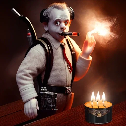 smoke bust of ghostbuster busted for smoking sigar, ancient, magic,on dark wooden table with drinking glass,compass,brilliance, candle, dark figure in background, movie poster