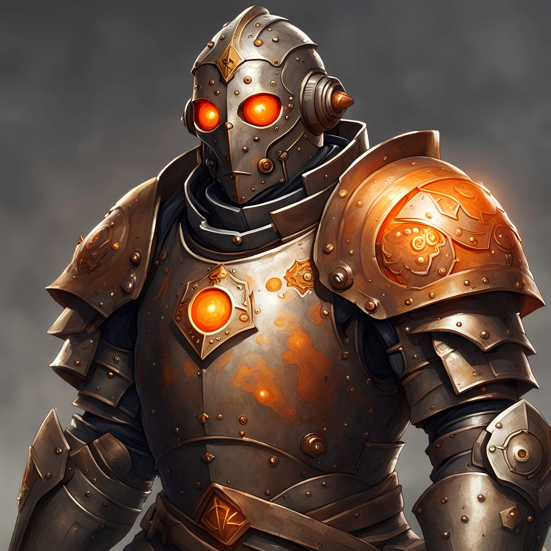 A warforged cleric, with round orange eyes, wearing bronze armor, medieval style, dungeons and dragons