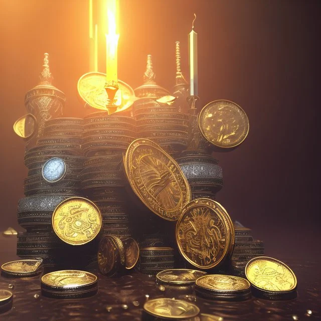 dynamic lighting, Intricately detailed, Splash screen art, deep color, Unreal Engine, volumetric lighting, silver coins, gold coins, silver treasure, stacked coins, indoors, candle, altar, black, sigil, shiny, silver bullion,