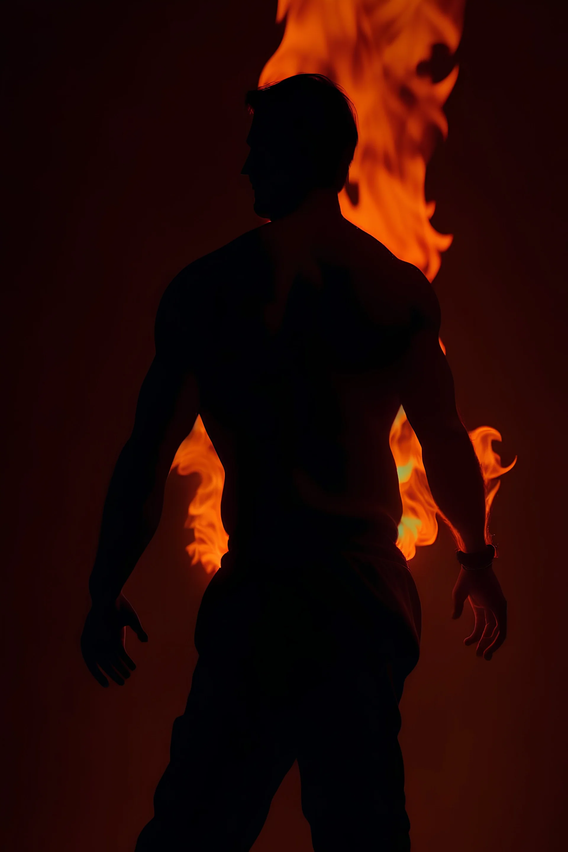 a guy in the dark with his back turned and looking back at the camera. manipulating fire in both his hands.