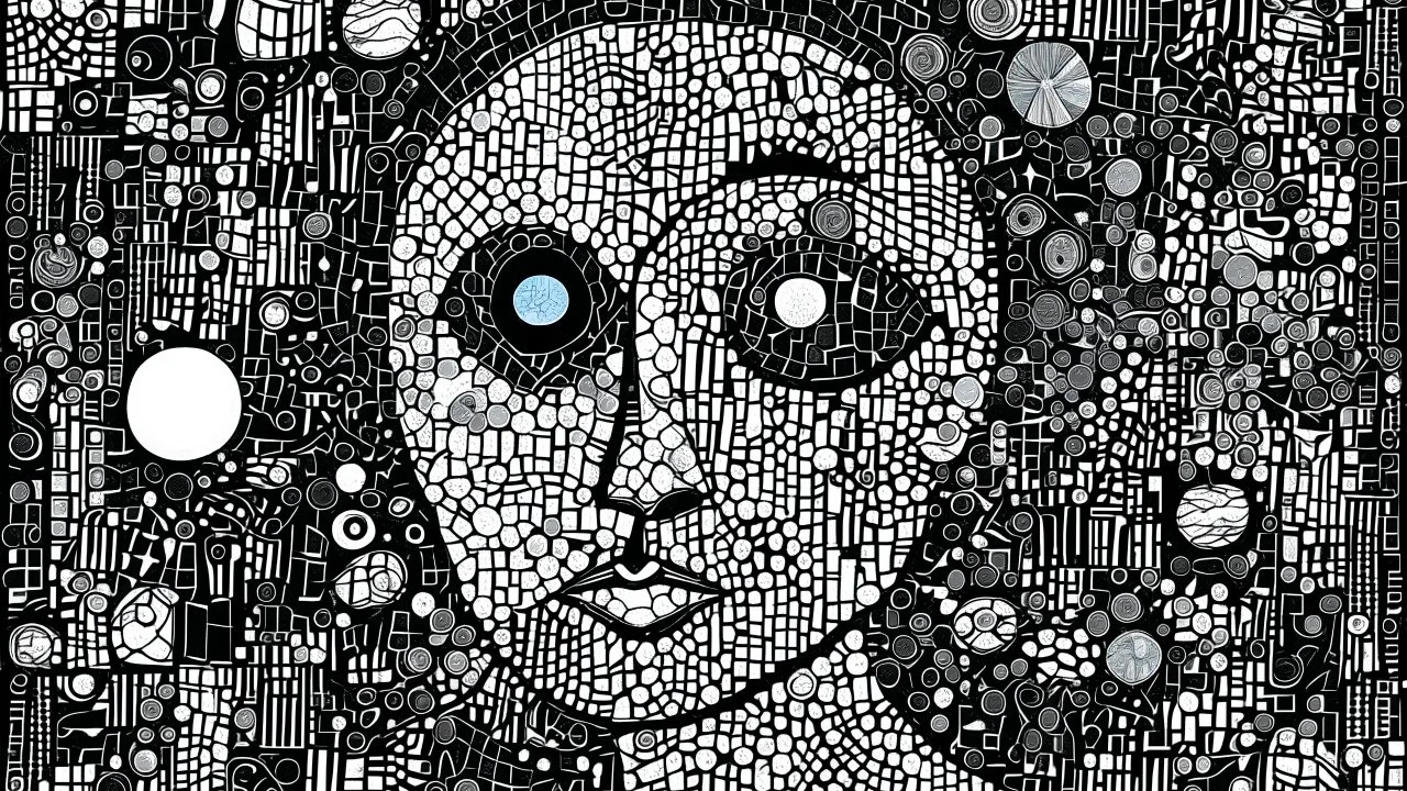 mosaic art style: The strange dreamwalker at night, dada, surreal,art brut, outsider art, monochrome, minimal