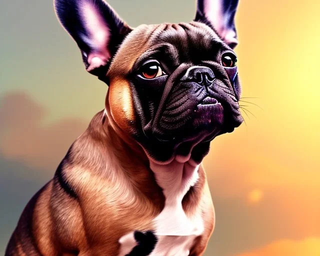 a detailed illustration of a french bulldog, phoenix bird wallpaper, luminescent body, full body, symmetrical body, realistic, glowing muscles, sharp focus, meticulously detailed, soft evening sky, 64k