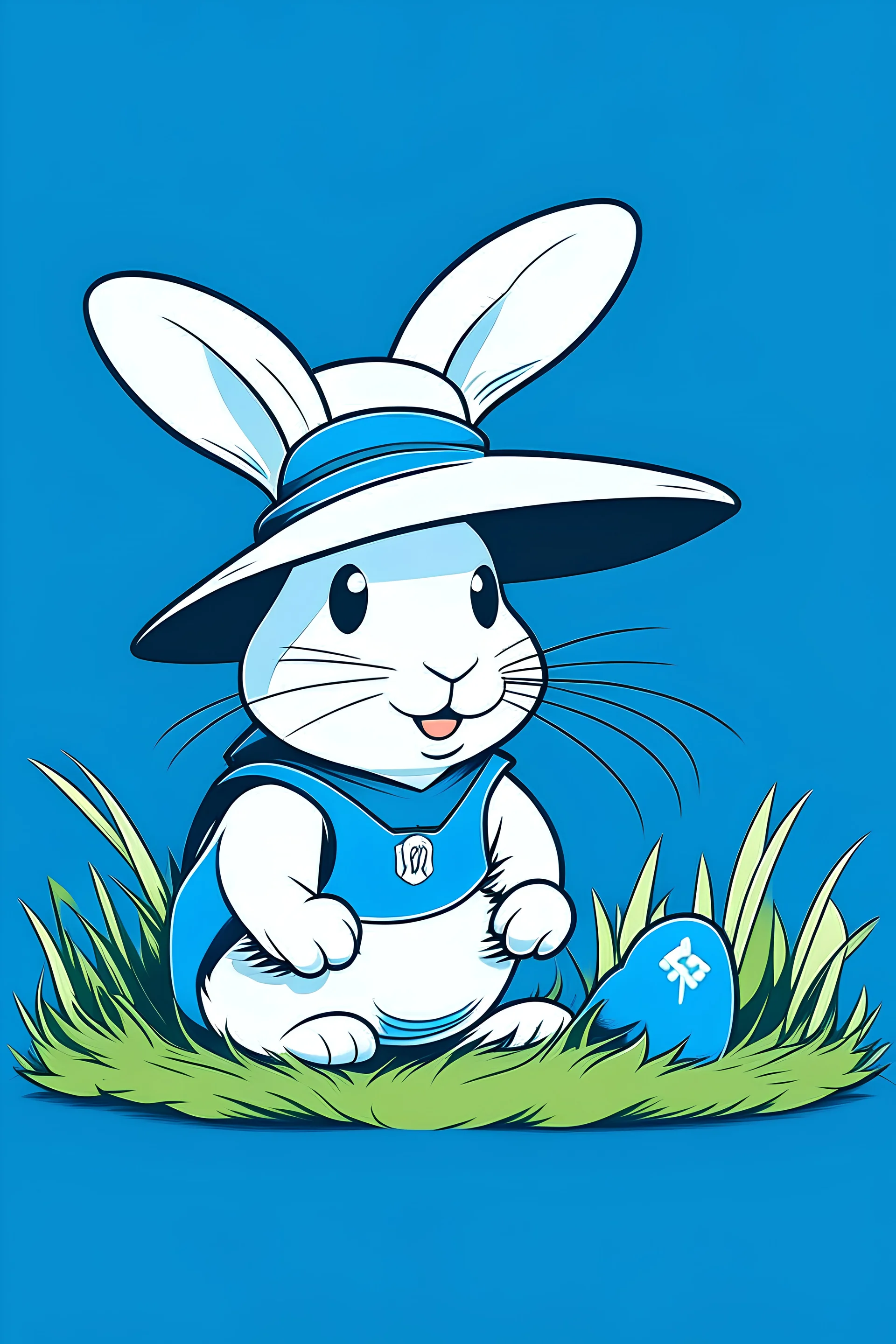 A white rabbit wearing a blue shirt and a black hat with a bunny logo, mowing the lawn