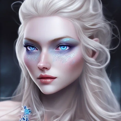 ice queen blue eyes long blond hair smiling face long dress in elden ring realistic