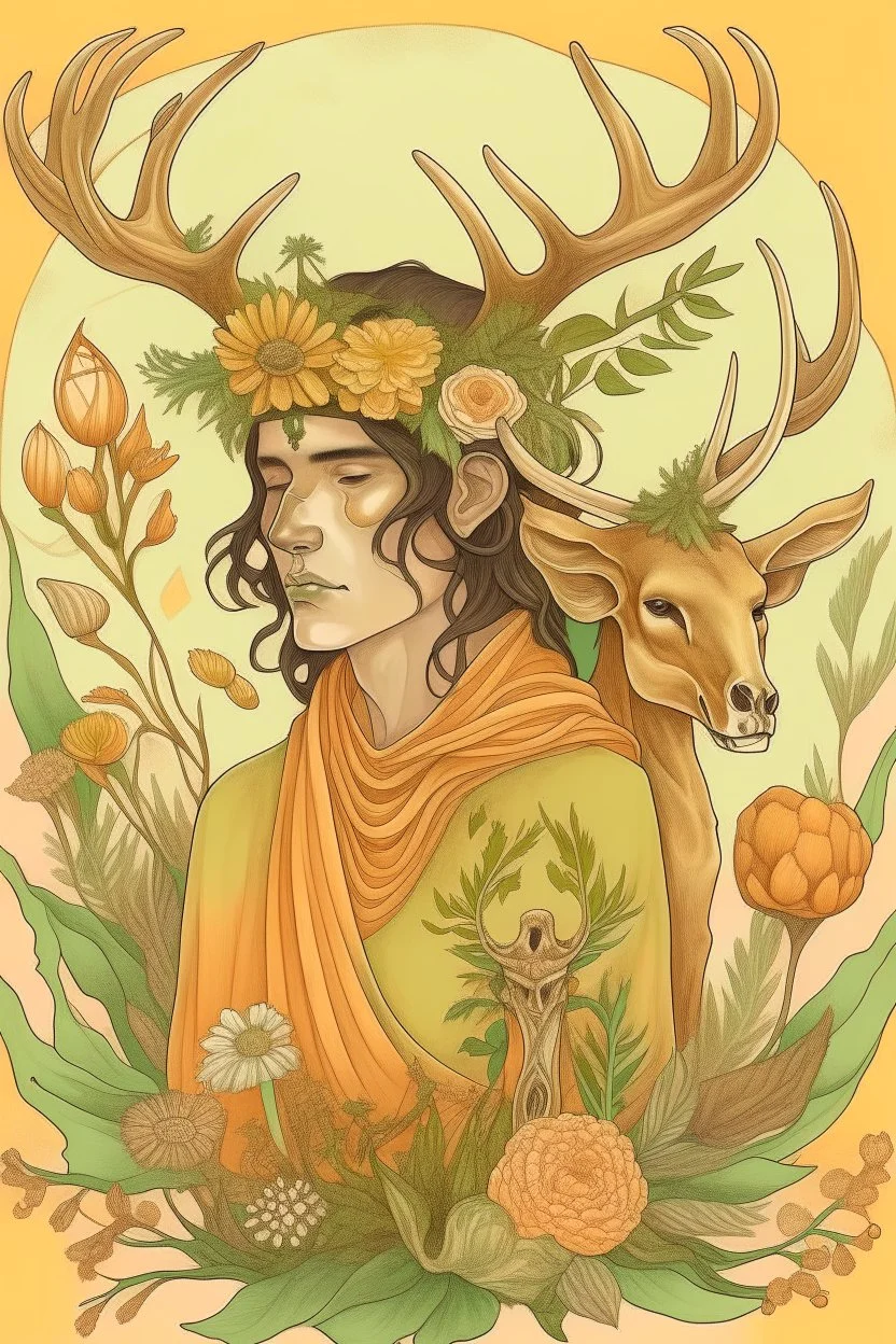 create a drawing for me. a fantasy drawing of a hispanic man with deer skull on his head. he has brown hair and tan skin. he wears peach colored robes and yellow pants with green accessories. he is surrounded by nature and is holding a crow companion. the skull is large and covers the face completely. the deer skull covers his face and the antlers have flowers on them.
