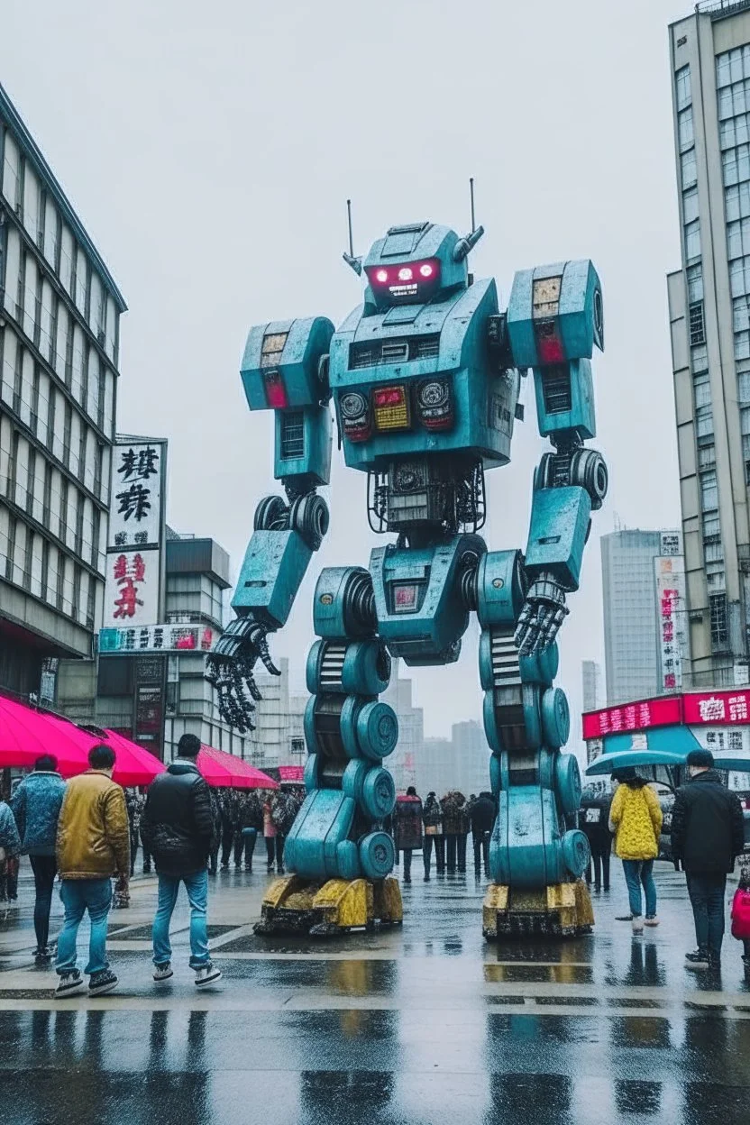 little people looking at huge dancin giant robot of vitalik buterin at tokyo shibuya crossroads in the rain