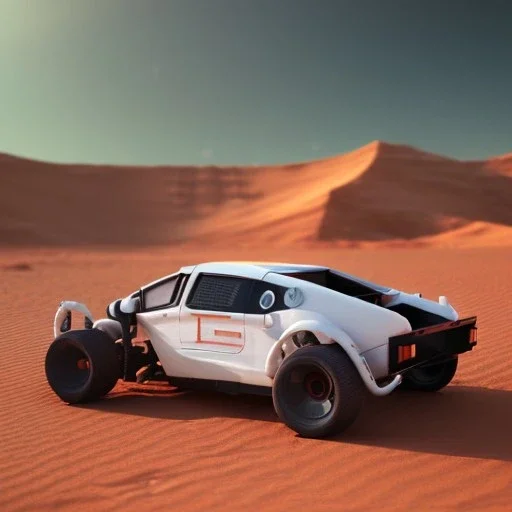 3d rendering. futuristic white black yellow red car. Buried in desert sand. Lost in Time, cinematic lighting