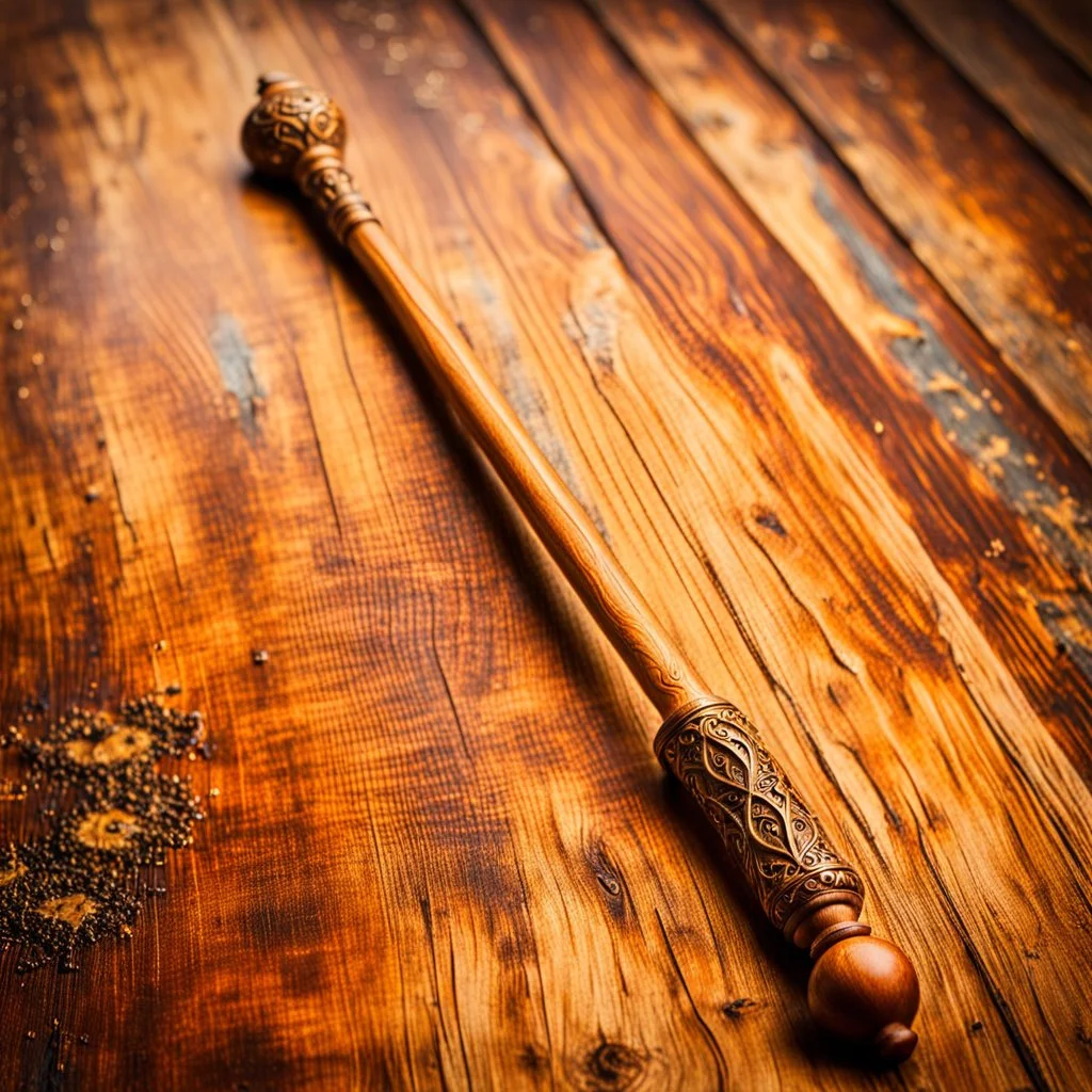 Closeup of an old wooden magical wand. No detailed background.Magical. Epic. Dramatic, highly detailed, realistic, hyper realistic, photo, masterpiece