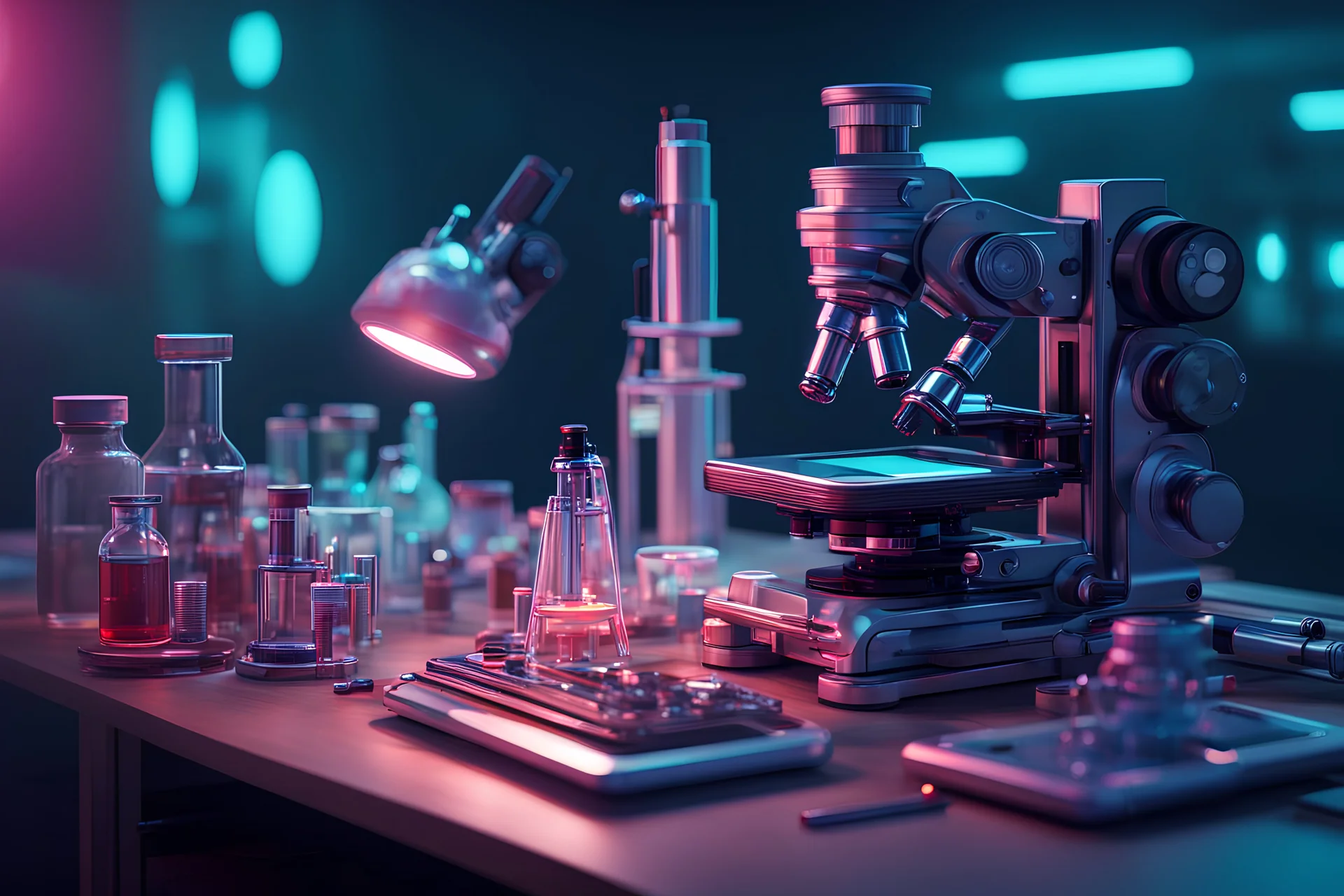 futuristic microscope and other laboratory gadgets on a bench , 16k, 3d rendering, expressively detailed, futuristic, cyberpunk, dynamic light, neon lighting,