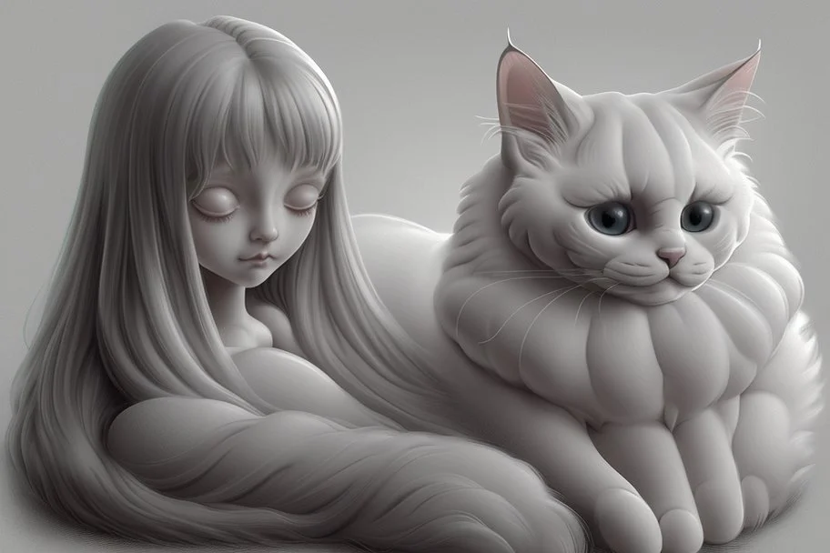 a cute foam girl hugging a foam ragdoll-cat , fine detailed, face drawing, dim background sharp focus elegant fantasy intricate very attractive beautiful ultra detailed colourful anatomically correct (A} Hieronymus Bosch, Henri Rousseau, Nicoletta Ceccoli, (A1) Anna Dittman, Remedios Varo, Sherry Akrami (A2) Serge Marshennikov, Zdzislav Beksinski