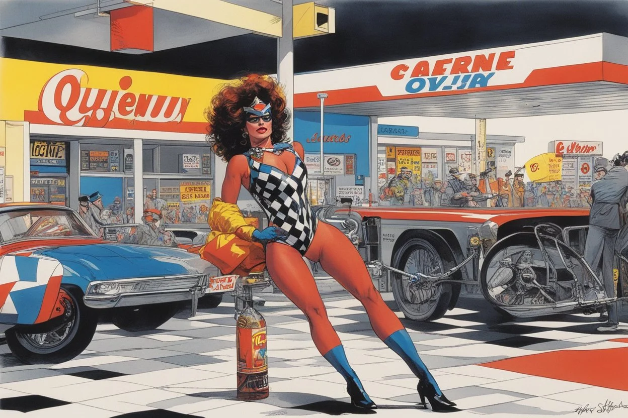 one woman in bright colorful and checkered (high res photo by Ralph Steadman in the 70ties) super heroine in leotard (chevron, lycra, nylon, spandex, tights) stops a massive violent thief at a gas stations, she is the queen of jujustu
