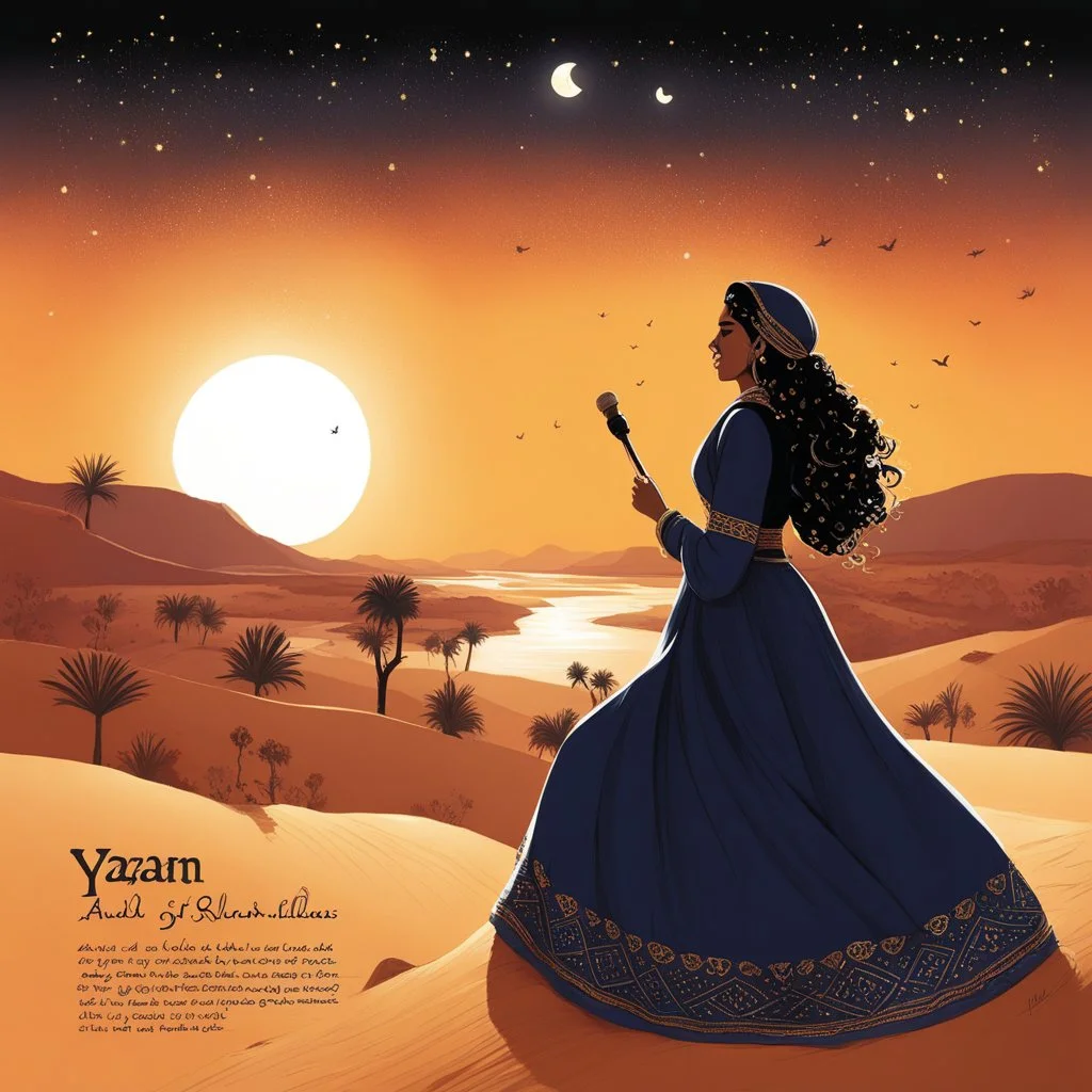[colour illustration by Yazan Halwani] arabic rock, songs and hard music: In the heart of the night, a melody flows, Maryam sings softly, where the river glows. Ali's ballads rise like the sun's golden hue, Romance in his words, timeless and true. Omer's rhythms dance through the warm desert breeze, Stories of culture, carried with ease. Together they weave a rich, vibrant song, In the language of souls where we all belong.