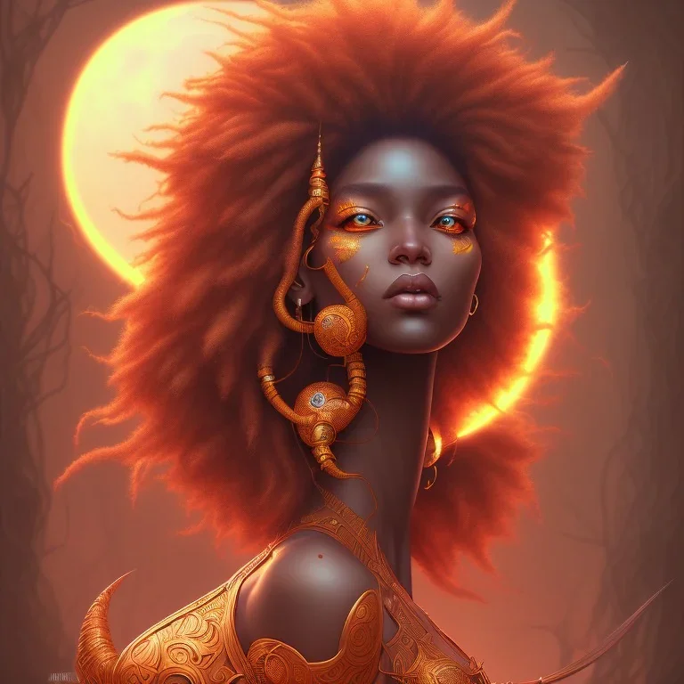 sango fantasy, fantasy magic, intricate, sharp focus, illustration, highly detailed, digital painting, concept art, matte, masterpiece head sexy view black African beauty black afro hair space lady orange carp skin African space night