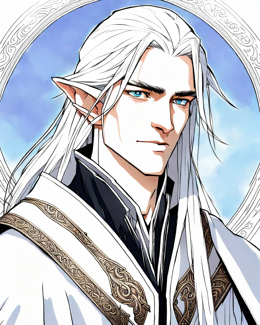 a young High Elf frost Wizard with long wiry hair, wearing a black trimmed white nobleman's robe and frost ornaments on clothes, with a small weasel on his shoulder