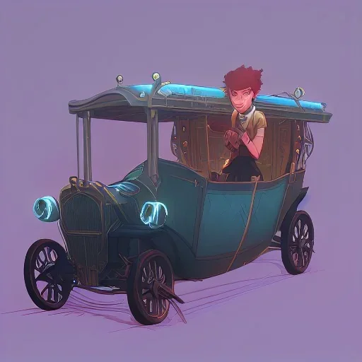 Boy stow away in magical carriage at night Nick Harris style