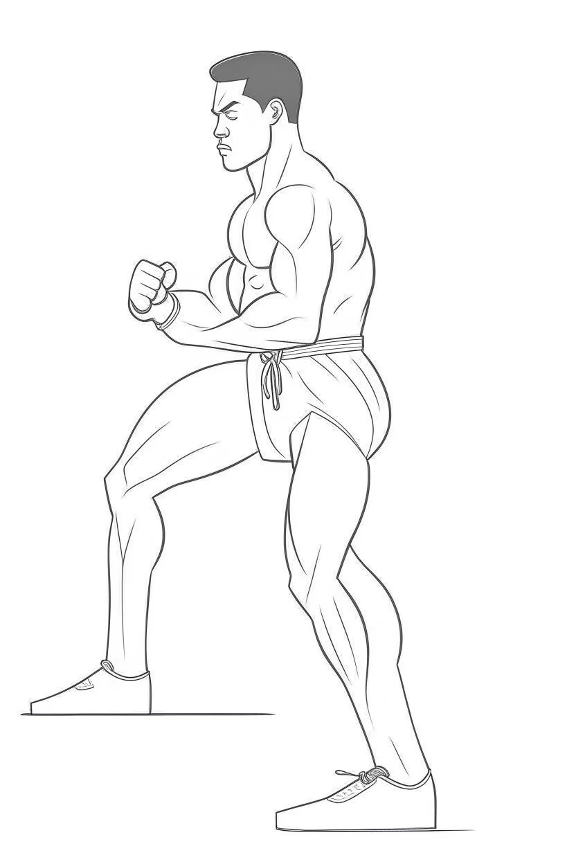 kick boxer, realistic, each unique, flat vector, full view, only draw lines, clean line art, –no sketch, white background, minimalistic black lines, minimal black color, coloring page, thin black line art, perfect shape, perfect clear lines,