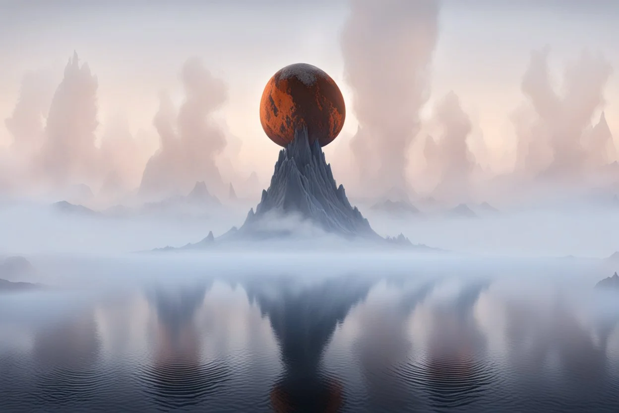 The highest peak of the misty mountain is used to crack open the stone clay dying planet like an egg, with the yolk coming out down the side of the mountain. cinematic lighting, artstation, grim mood, looking up camera angle