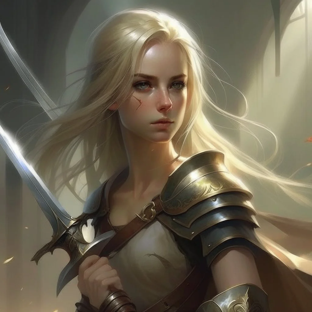 pretty woman, blonde, conventionally attractive, fighter, greatsword, elf, dramatic