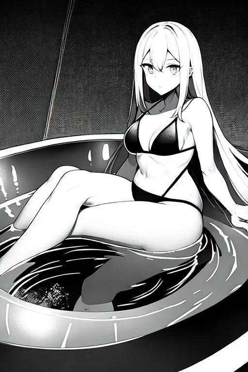 bikini long hair thin girl with leg in abyss pool, greyscale, sexy pose, screen tones