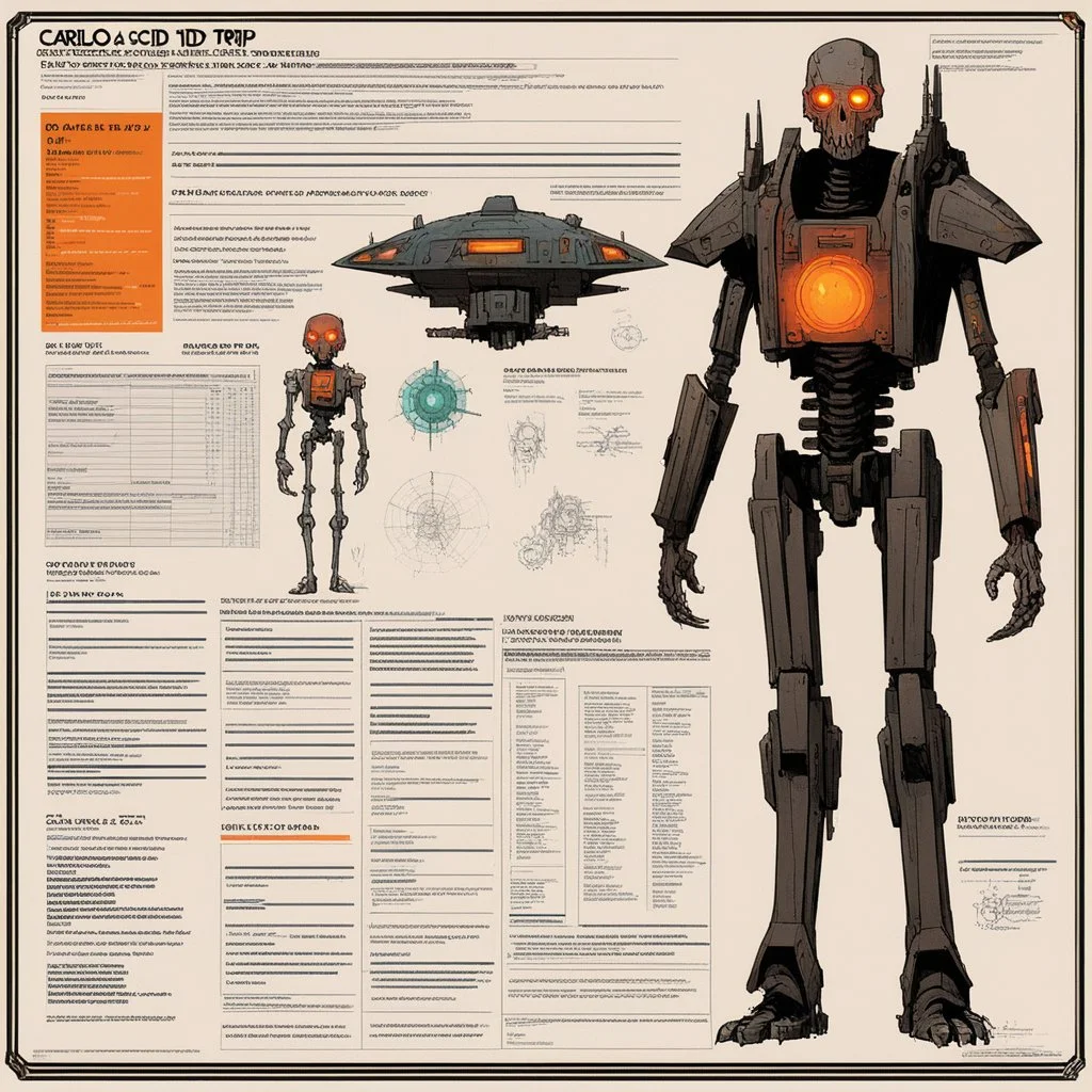 [glitched acid trip by Carlos Ezquerra AD&D class sheet] character concept sheet with AD&D statistics and characteristics, [Blade Runner (1982)] skeletal android with internal mechanisms and orange glowing eyes in blood soaked spaceship corridor