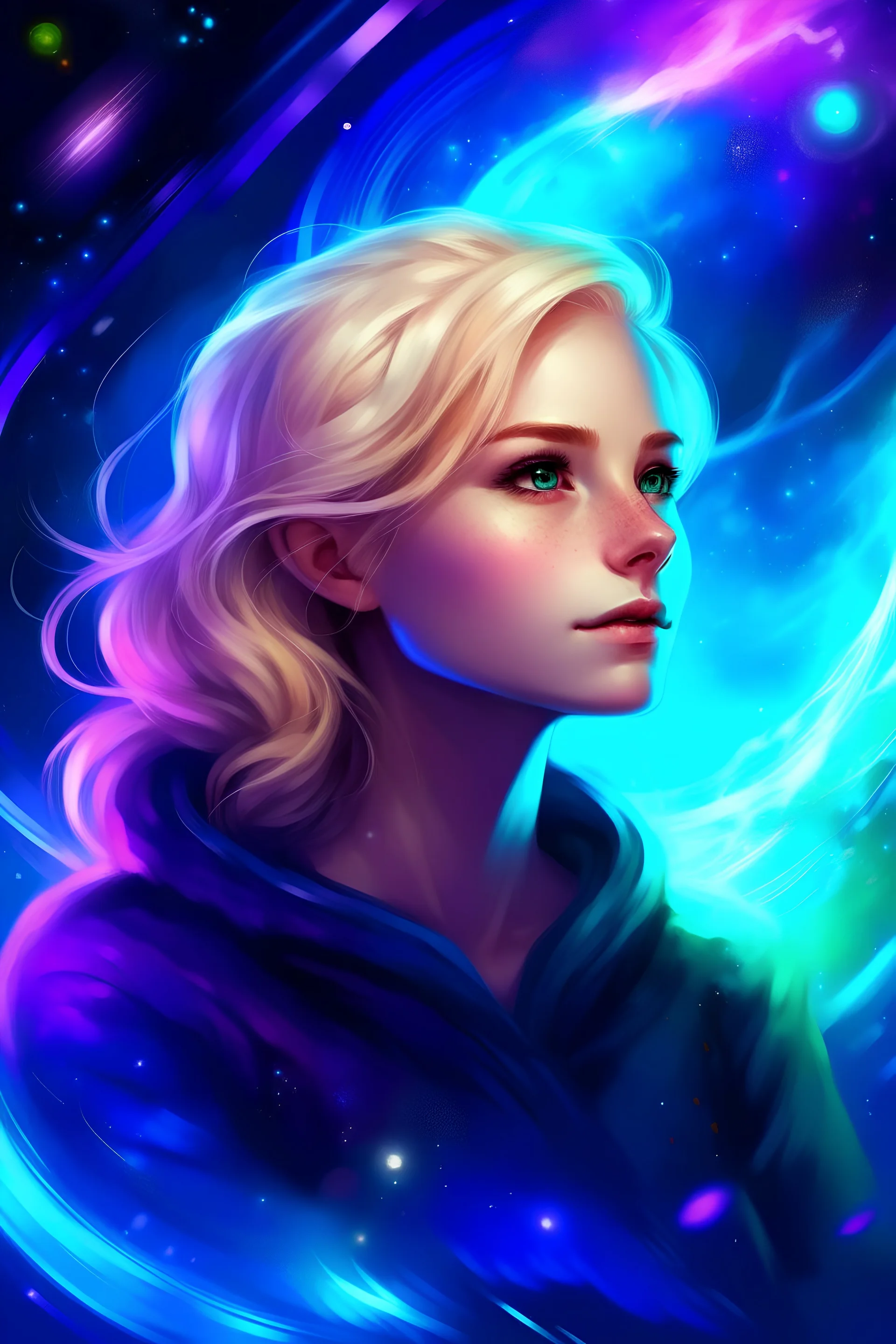 cosmic traveller woman, blonde hair, blue, purple, light aurora