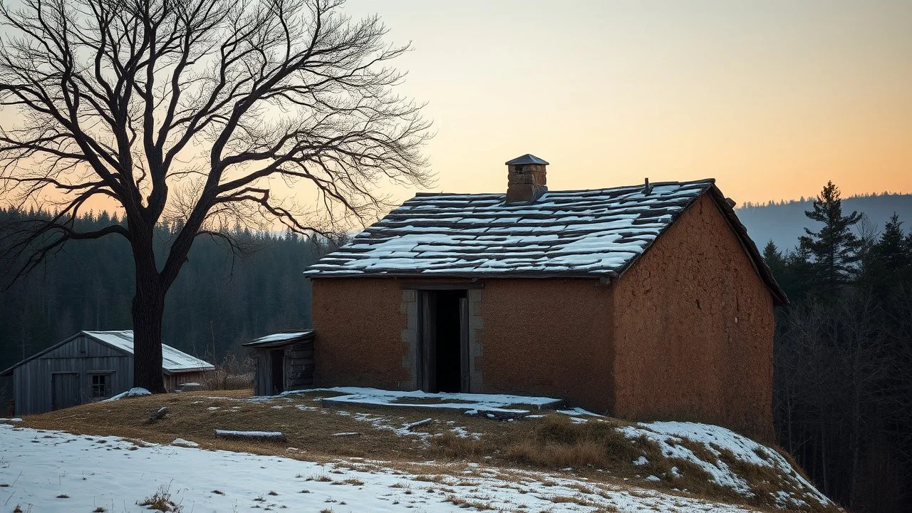 a lonely old adobe hut with worn adobe brown-gray wall and a small window, a crumbling roof, an old chimney stands on a hill, next to it is a small woodshed by the wall, and an old withered tree leans over the hut, the hut stands on the edge of a European forest, winter, snowy landscape, low light, dawn, high detailed, sharp focus, high realistic, perfect photo