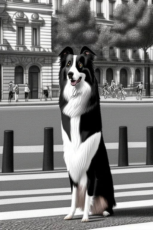 One single mature border collie, playing guitar in the street , Vienna, friendly, sunny day, model style, hyper realistic, extremely accurate, delicate, extremely detailed, Graphic novel style, wide-angle, open aperture, superfine pencil