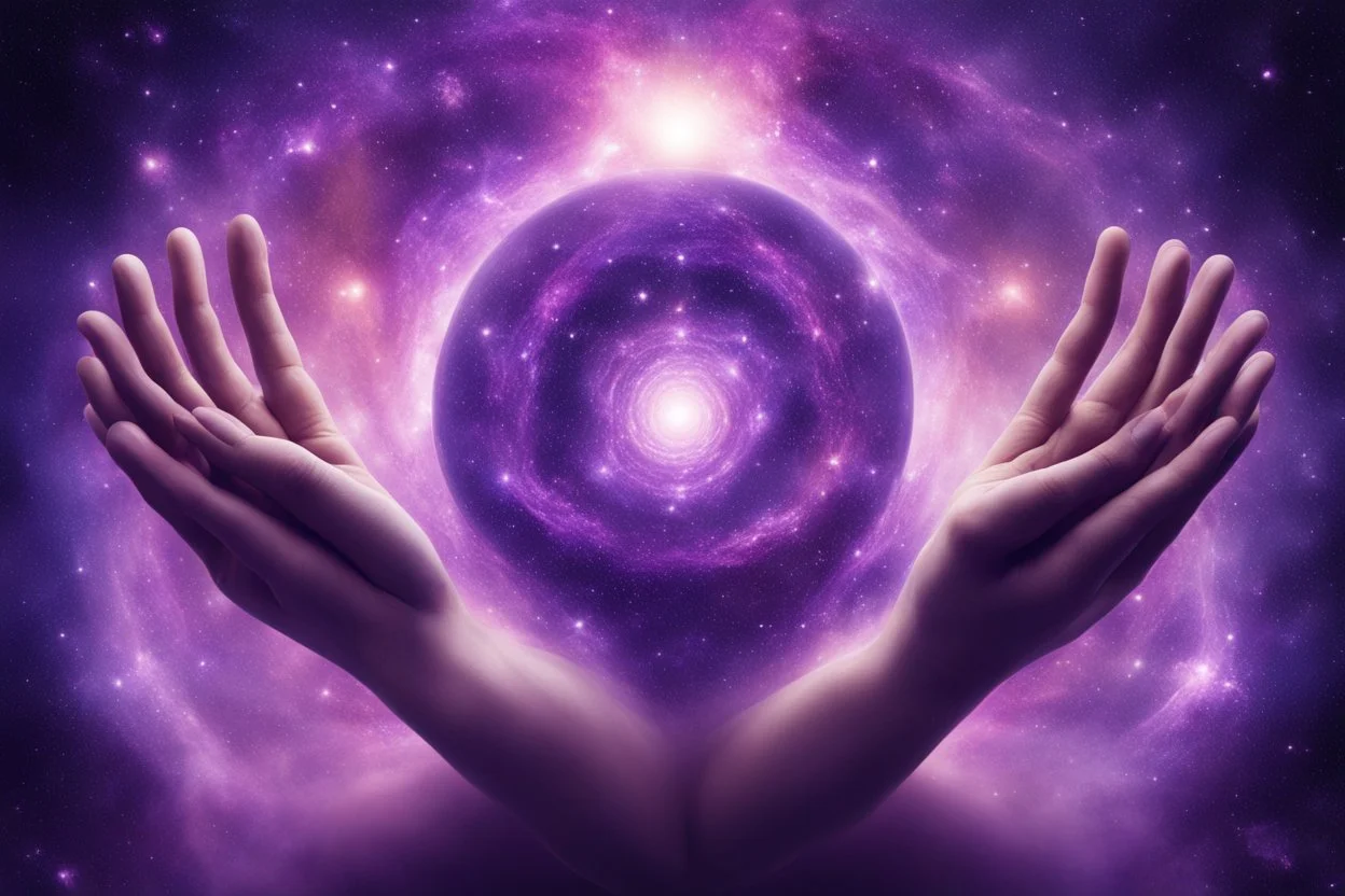 kundalini, connected to the universe, purple galaxy, soul holding few universes in hands