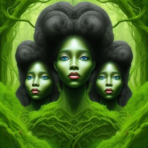 Painting .three women. the faces of three young black women. wood nymphs emerging from the forest. Her hair looks like vines. Dreadlocs. Her skin is the colour of dark soil. Her skin looks like tree bark. Her clothing is made of vines, grass and leaves.